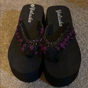 Black Platform Sandals w/ purple Flowers